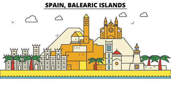 西班牙，Balearis 群岛。城市天际线 体系结构 建筑物 街道 剪影 风景 全景 地标。可编辑的笔画。平面设计