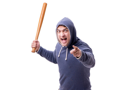 年轻男子流氓带上白色孤立的棒球棍照片