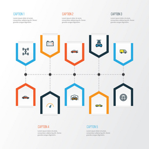 汽车多彩大纲图标设置。洗涤 蓄能器 方向舵和其他元素的集合。如轴距 棚，计划还包括符号
