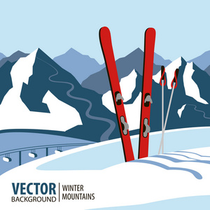 滑雪的背景下，冬季的山区。矢量图