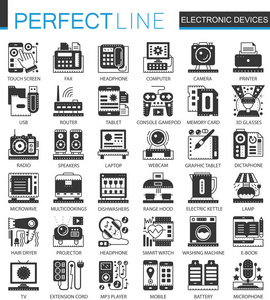 电子设备经典黑色迷你概念符号。矢量小玩意现代图标象形图插图集