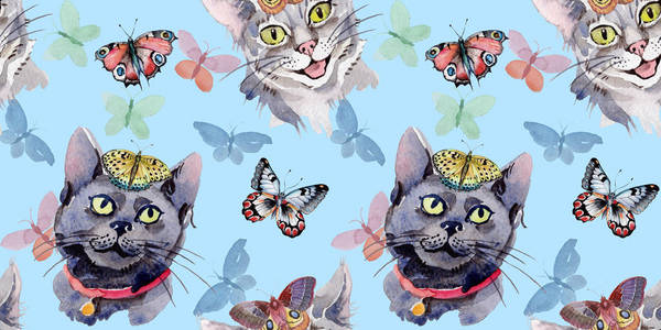 猫野生动物纹样在水彩风格图片