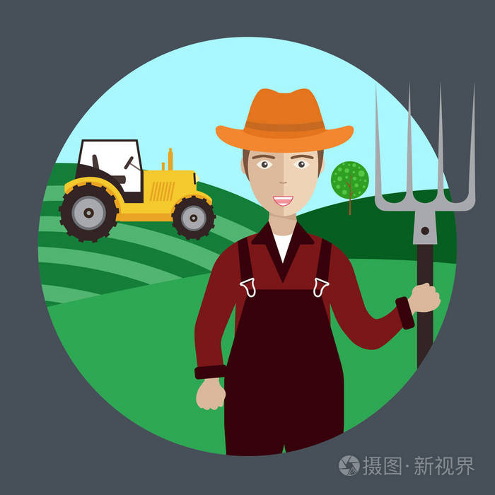 农民工用帽子和干草叉