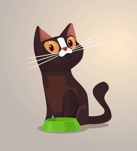 快乐微笑猫性格坐在附近碗.矢量平面卡通插画照片