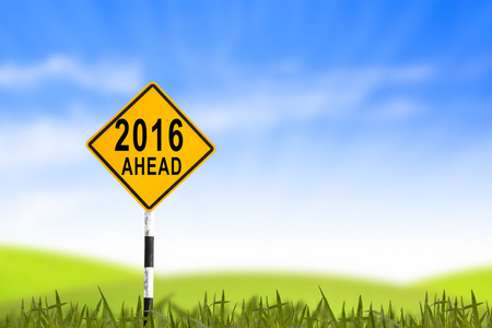 到 2016 年中新的一年和蓝蓝的天空，草田, 的路标可以