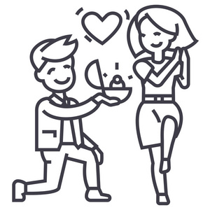 求婚，男人和女人，爱环矢量线图标 标志 插图背景，可编辑笔触