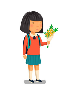女学生向量。为她的老师抱着花束，背包里的快乐女生。小学学生。平的卡通插图。第一学年。回到学校