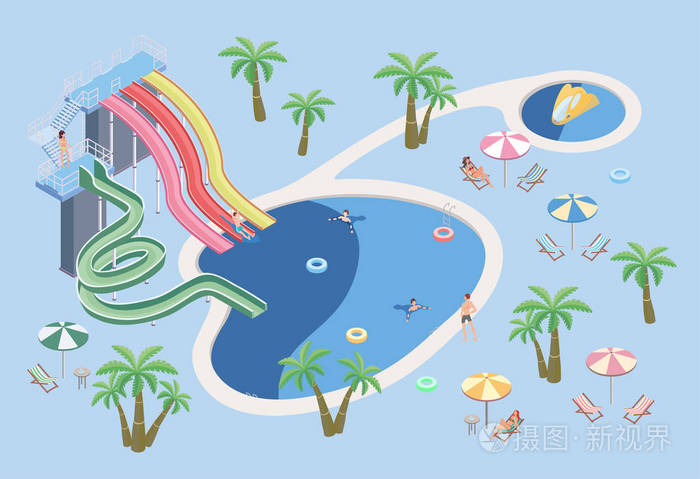 人们在水上乐园,在游泳池放松.游泳池和水上滑梯.矢量等轴图