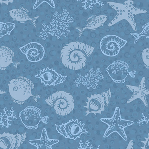手绘复古海背景与水下居民无缝纹理的鱼 海草 贝壳和海星。矢量图