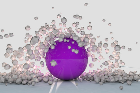 抽象的 3d 对象爆炸周围紫色球背光