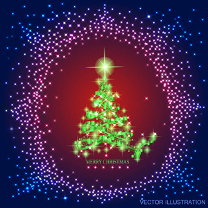 抽象的背景与金色的圣诞树和星星。蓝色红色和绿色颜色的插图