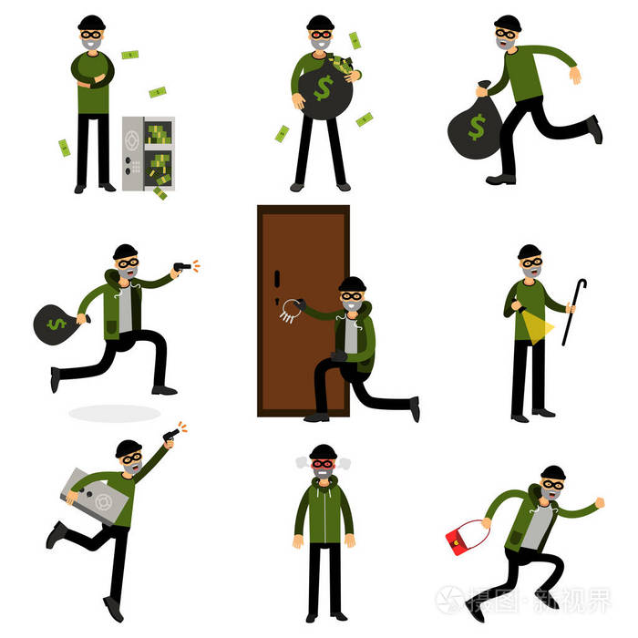 窃贼犯下罪行集偷偷小偷矢量插图