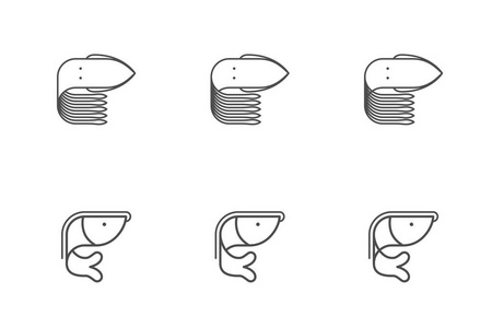 虾和鱿鱼符号图标集轮廓描边设计插图