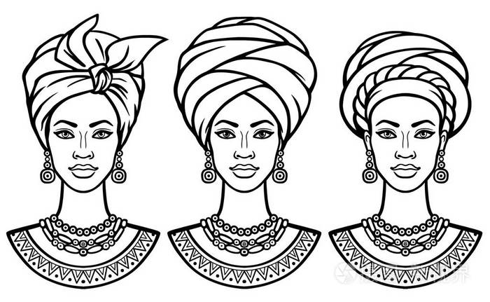 插画 设置的肖像非洲妇女在各种头巾.单色的线性素描.