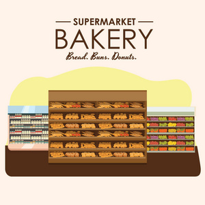 在超市里，新鲜产品的销售在食品商店内部，商店矢量图选择大面包面包店货架