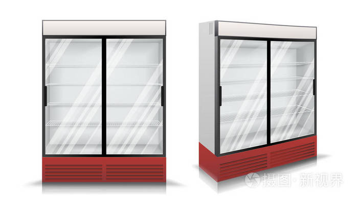 冰箱的向量。冰箱里有两个玻璃推拉门。孤立的插图