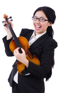 女人用上白色孤立的小提琴