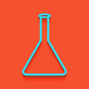 锥形烧瓶标志。实验室玻璃标志。矢量。与软阴影下推杆的火烈鸟背景的蓝色图标