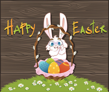 用鸡蛋和木材的背景兔子复活节快乐。矢量我