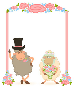 卡通羊新郎和新娘花拱与背景上图片