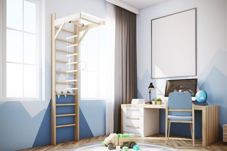 宝贝男孩的房间与一台电脑,一架梯子照片