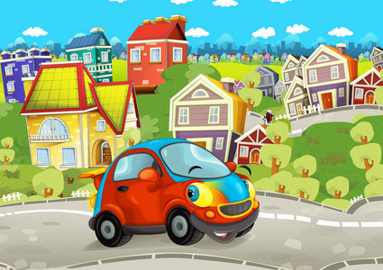 每一天汽车卡通微笑和开车穿越城市儿童插画,每一天汽车快速关闭道路