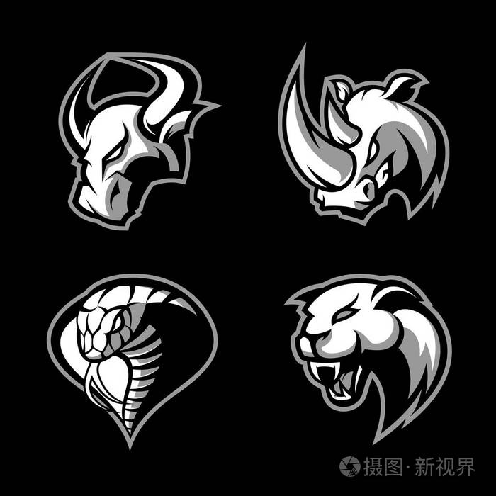 愤怒的犀牛,公牛,眼镜蛇和豹运动矢量标志概念集孤立在黑色背景上
