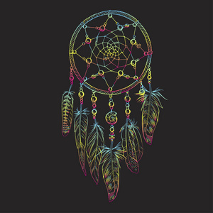 手绘华丽捉着羽毛，宝石。占星学 灵性 神奇的象征。民族部落的元素。矢量图