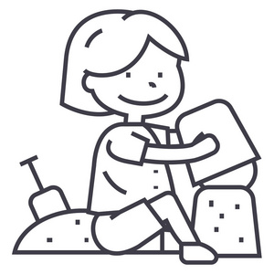 男孩玩沙子海滩或沙箱，肩胛骨和桶矢量线图标 标志 插图背景，可编辑笔触
