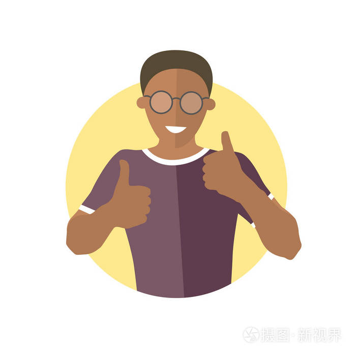 竖起大拇指的非洲英俊的平面设计图标.酷, 快乐, 乐观的情绪.