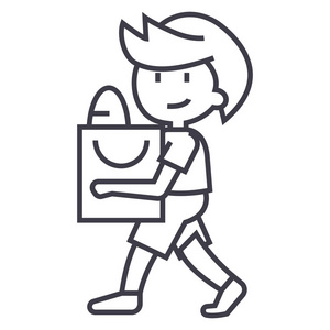 购物袋矢量线图标, 标志, 插图背景,可编辑描边的男孩照片