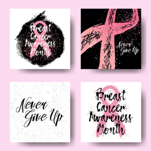 一套粉红丝带符号和卡 10 月乳腺癌