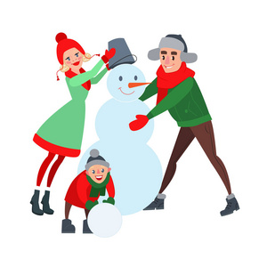 快乐家庭制作雪人。你好冬天。圣诞节的时候。矢量图