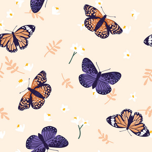 矢量无缝模式与明亮的蝴蝶。手绘纹理设计