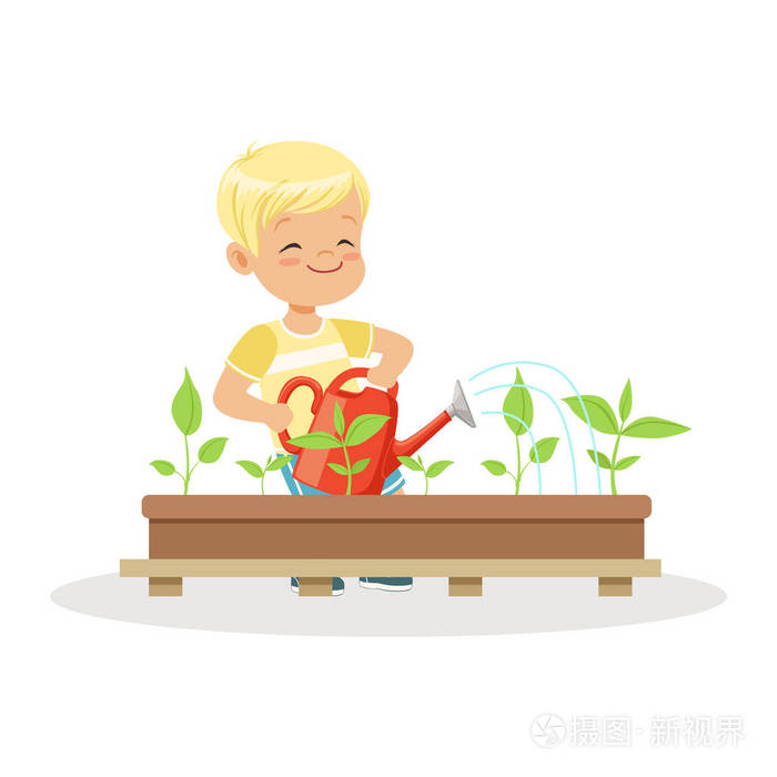 可爱快乐的男孩,浇灌植物从喷壶,植物学在幼儿园卡通矢量插图的教训