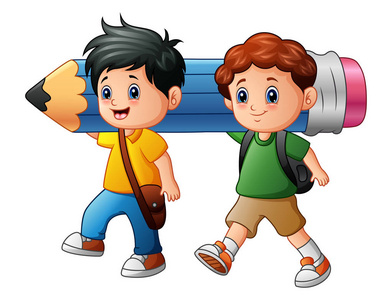 两个男孩卡通拿着大铅笔照片