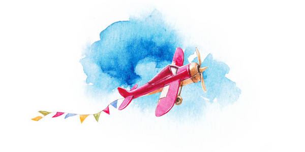 与儿童的老式飞机卡水彩照片