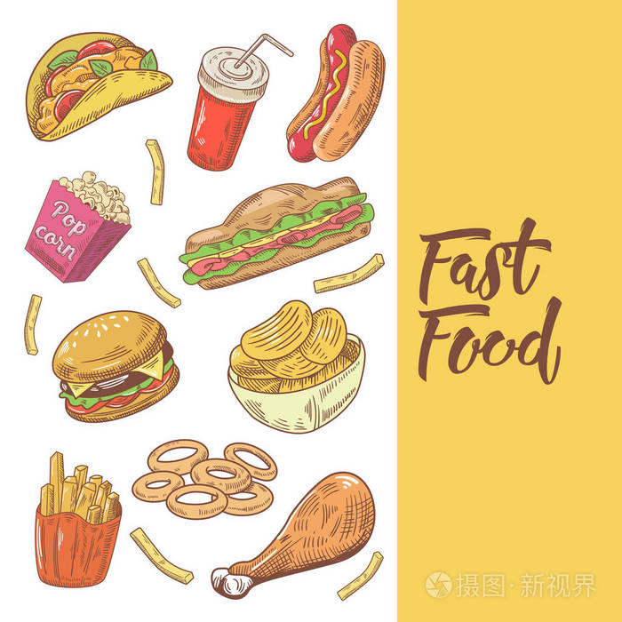 快餐食品手绘涂鸦与汉堡, 薯条和爆米花.不健康的饮食.矢量图