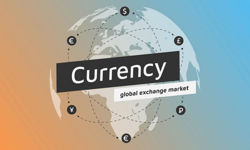 全球和金钱的图标。标志的货币交换平面设计