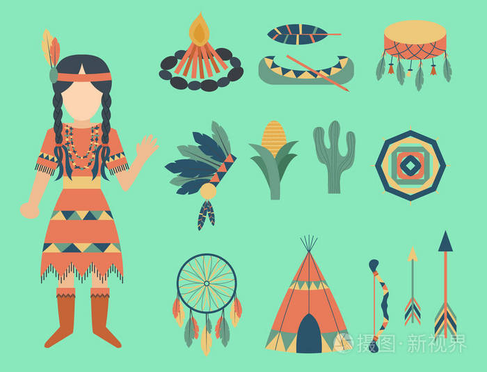 印第安人图标寺装饰和元素复古老式印度教各族人民工具矢量图