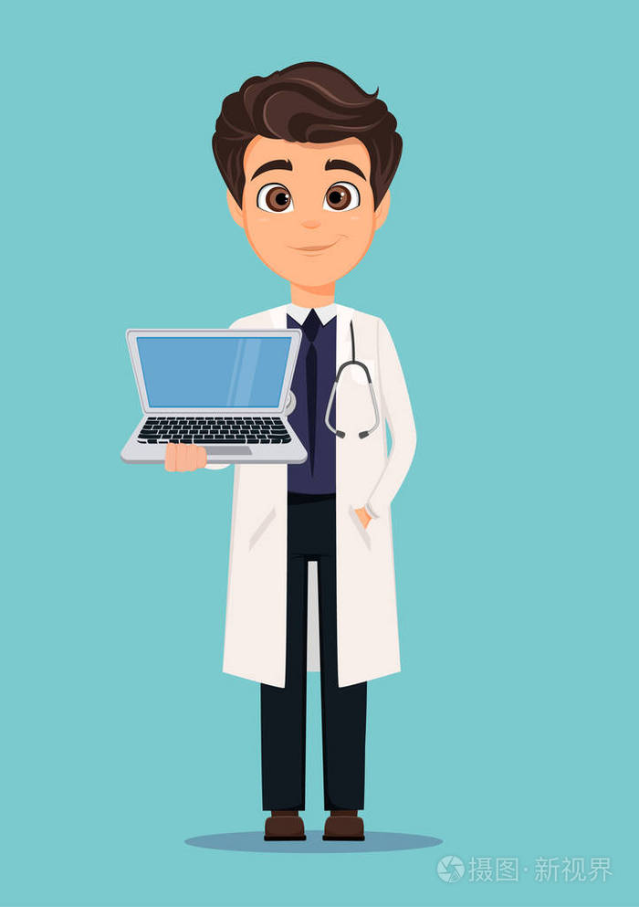 在举行现代笔记本电脑的白大褂的医生.矢量图.eps10