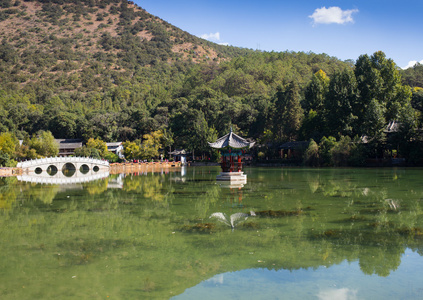 在市池塘的中式露台图片