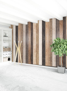 白色卧室最小风格室内设计与木墙。3d 渲染。3d 图