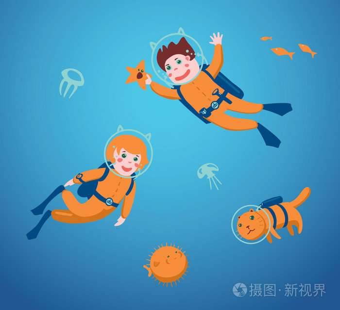 男孩和女孩一起潜水游泳