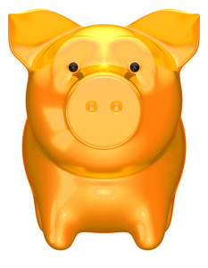 孤立的黄金猪存钱罐前视图