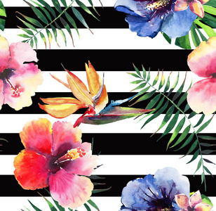 美丽明亮可爱炫彩热带夏威夷花卉草药夏季花纹的热带花芙蓉兰花和棕榈叶上黑色水平线背景水彩手图