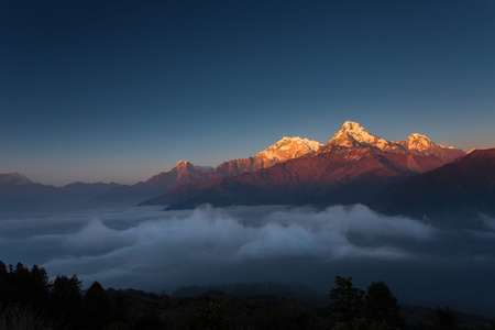 从潘山日落 3210 米的喜马拉雅山脉视图
