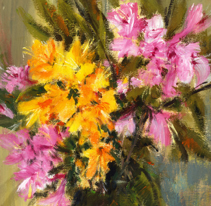 粉红色和黄色的花，水粉绘画