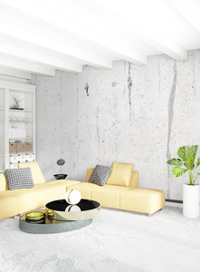 白色卧室最小风格室内设计，木墙和灰色的沙发。3d 渲染。3d 图