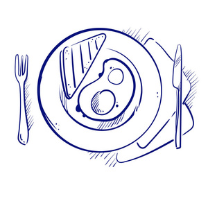 手在板上画了素描的煎鸡蛋和面包.矢量图照片